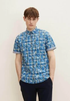 Tom Tailor Kurzarm Mit Palmen - Overhemd - Blue Big Palm Design On Check