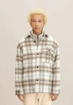 TOM TAILOR Denim Halflange Jas - Off White Beige Big Cosy Check