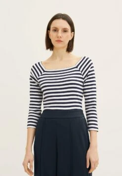 Tom Tailor Gestreiftes Mit Karree Ausschnitt - Longsleeve - Navy Offwhite Stripe