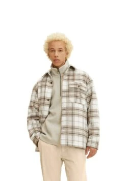 TOM TAILOR Denim Halflange Jas - Off White Beige Big Cosy Check -Tom Tailor Winkel b4d708b072874024ad3cd4aa039c37c2